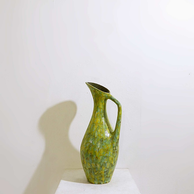 Mid century large green ceramic spout jug - H:54cm
