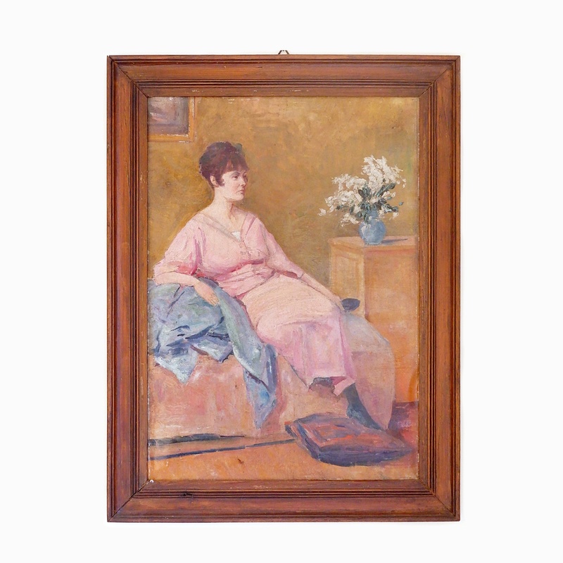 Oil on canvas - unsigned - represents a Woman Seated beside a Vase of Flowers
